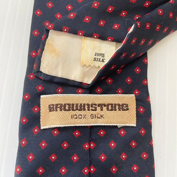 Brownstone Navy Blue Red White Diamond Pattern Silk Mens Tie‎ - Picture 3 of 5